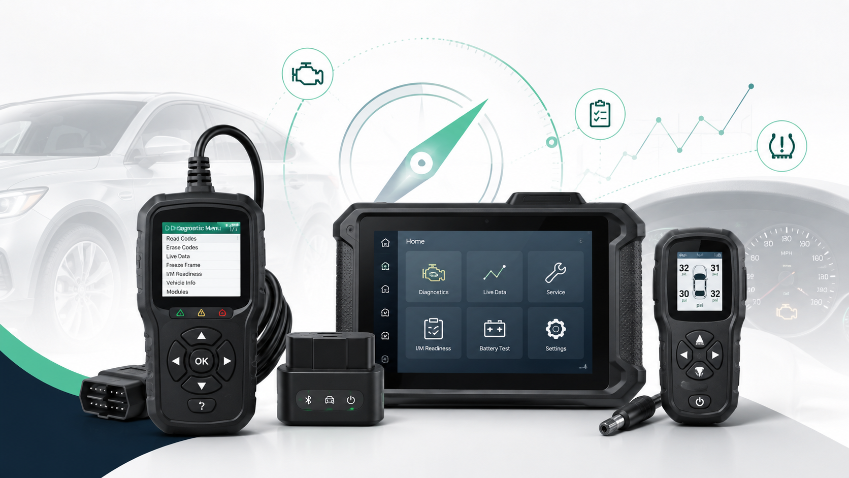 Automotive diagnostic scanners, OBD2 adapter, TPMS tool, and vehicle diagnostic dashboard